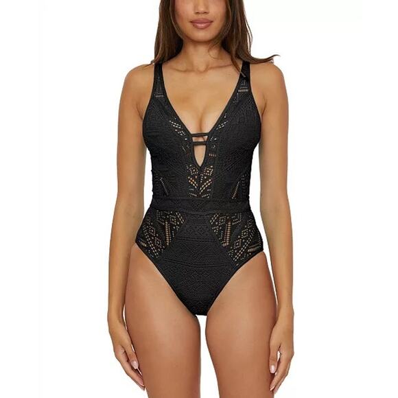 Becca Rebecca Virtue Color Play Black Crochet Plunge One-Piece Swimsuit Size M - Picture 1 of 9
